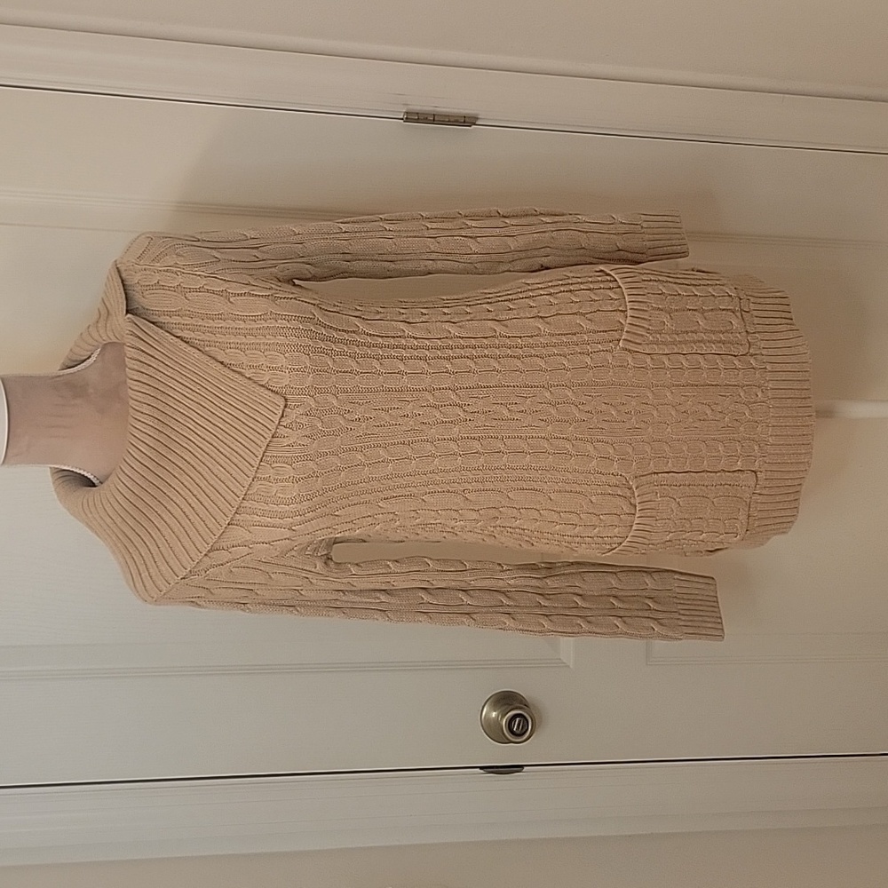 Jeanne Pierre Size S Cable Knit Long Sweater with Pockets and Cowl Neck, Tan